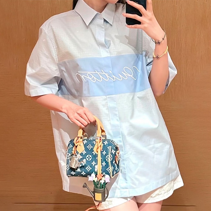 lv louis vuitton color block check embroidered short sleeve shirt